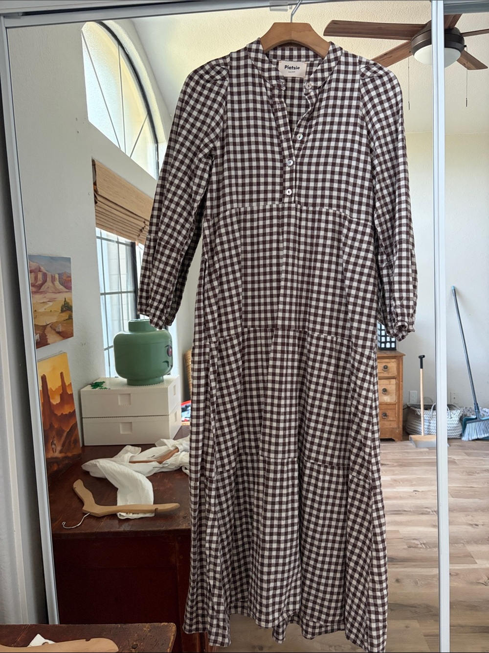 Piestie Brown & White Gingham Maxi Dress